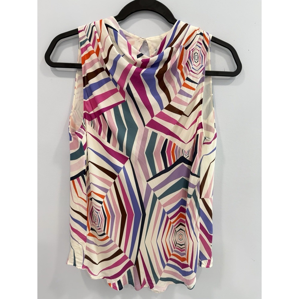 Kate Spade 100% Silk Geometric Print Cowl Neck Tunic Top Colorful Medium